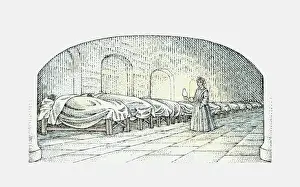 In A Row Prints: Black and white illustration of Florence Nightingale walking with lamp near beds of injured Soldiers