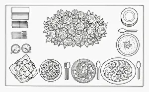 Dessert Prints: Black and white illustration food, cutlery and centre piece on table