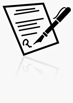 Black and white illustration of fountain pen and signed agreement