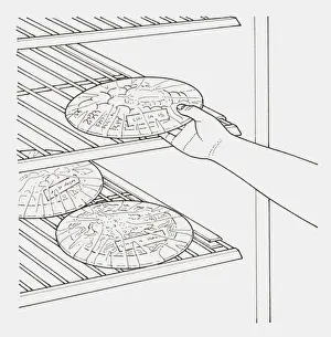 Convenience Prints: Black and white illustration of freezer being stocked with meals in single portions