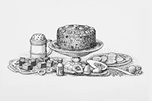 Images Dated 6th May 2009: Black and white illustration of fruit and nut cake, slices of cake, and biscuits