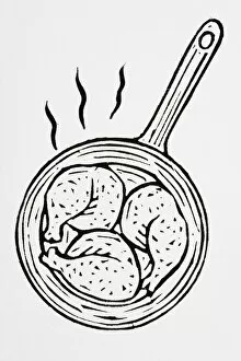 Black and white illustration of frying chicken legs in pan