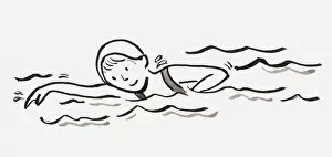 Crawling Gallery: Black and white illustration of girl swimming