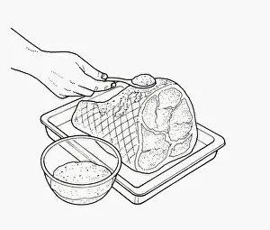 Roasted Prints: Black and white illustration of glazing roast ham with brown sugar over fat