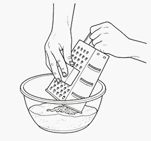 Black and white illustration of grating butter on top of flour in mixing bowl