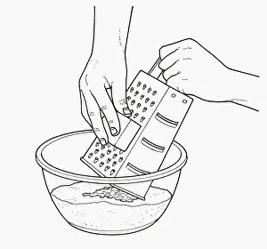 Flour Prints: Black and white illustration of grating butter on top of flour in mixing bowl