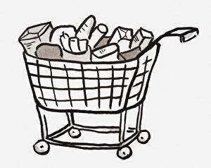 Retail Gallery: Black and white illustration of groceries in shopping trolley