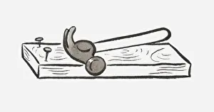 Nail Prints: Black and white illustration of hammer on a board with two nails halfway in