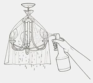 Black and white illustration of hand cleaning a chandelier with spray can