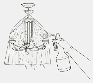 Plastic Prints: Black and white illustration of hand cleaning a chandelier with spray can