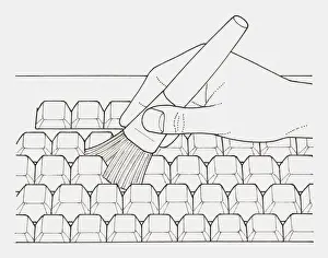 Cleaning Equipment Prints: Black and white illustration of a hand cleaning a keyboard with a brush