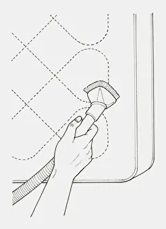 Mattress Prints: Black and white illustration of hand cleaning mattress with vacuum cleaner