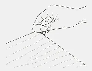 Resourceful Prints: Black and white illustration of hand gluing ping-pong ball onto corner of table (protecting corners of a low table)