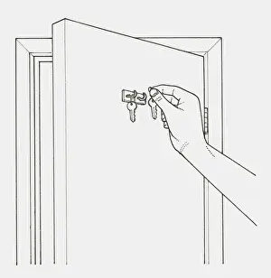 Hook Prints: Black and white illustration of hand hanging keys on hooks fixed to the back of a door