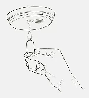 Images Dated 19th January 2010: Black and white illustration of a hand holding a lit candle underneath a smoke detector