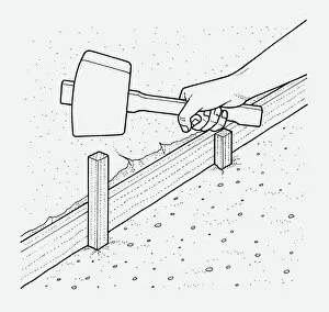 At The Edge Of Gallery: Black and white illustration of hand holding mallet above wooden edging post in ground