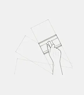 Plaster Prints: Black and white illustration of hand holding plastering trowel against flat surface