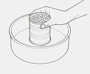 Images Dated 8th December 2009: Black and white illustration of hand holding tin of beans in middle of cake tin