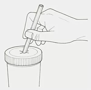 Black and white illustration of hand inserting drinking straw in lid of disposable cup