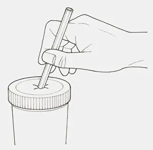 Convenience Prints: Black and white illustration of hand inserting drinking straw in lid of disposable cup