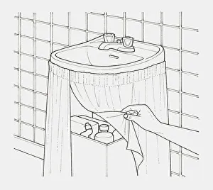 Black and white illustration of hand lifting edge of a curtain hung from a basin, to screen a box of detergents