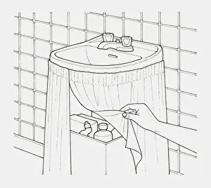 Hiding Prints: Black and white illustration of hand lifting edge of a curtain hung from a basin