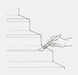 Paintbrush Prints: Black and white illustration of hand painting white stripes onto the edge of steps for safety