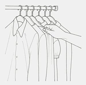 Images Dated 22nd January 2010: Black and white illustration of hand picking garment from clothes rail