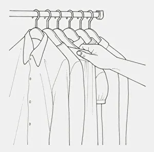 Blouse Prints: Black and white illustration of hand picking garment from clothes rail