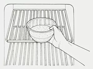 Images Dated 21st January 2010: Black and white illustration of hand placing bowl of bicarbonate of soda inside fridge