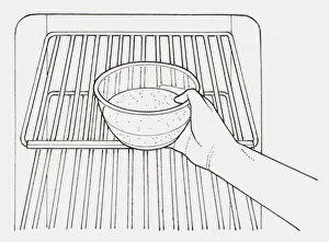 Black and white illustration of hand placing bowl of bicarbonate of soda inside fridge (cleaning a refrigerator of bad smells)