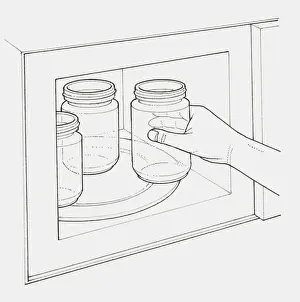 Placing Prints: Black and white illustration of hand placing glass jars into microwave to sterilise them