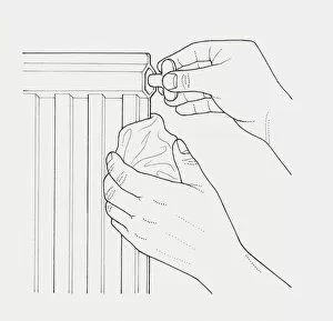 Images Dated 22nd January 2010: Black and white illustration of hands bleeding a radiator