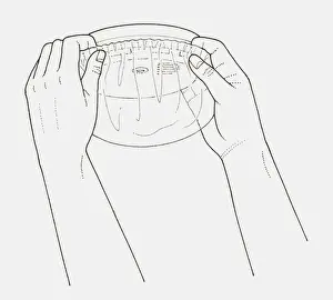 Placing Prints: Black and white illustration of hands placing shower cap over smoke alarm