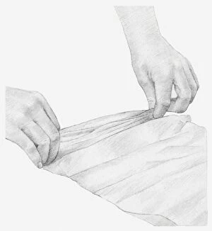 Images Dated 15th December 2011: Black and white illustration of hands pleating a strip of tissue paper