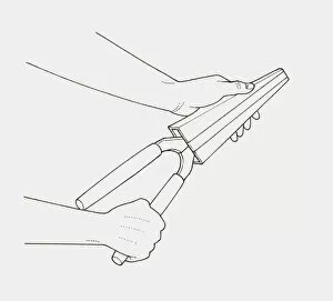 Images Dated 22nd January 2010: Black and white illustration of hands putting garden shears in protective case