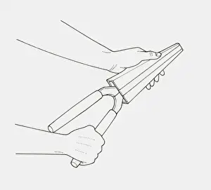 Storage Prints: Black and white illustration of hands putting garden shears in protective case