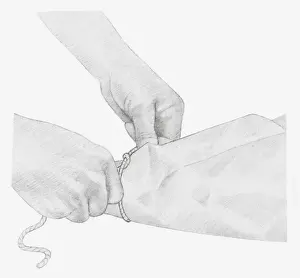 String Prints: Black and white illustration of hands tying up a piece of string around dried hydrangea flower wrapped in tissue paper