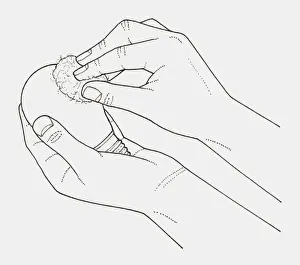 Light Bulb Prints: Black and white illustration of hands wiping a light bulb with cotton wool moistened with methylated spirit
