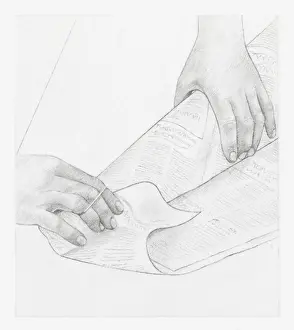 Black and white illustration of hands wrapping up a bunch of dried flowers in newspaper (storing dried flowers)