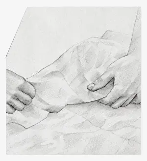 Storing Prints: Black and white illustration of hands wrapping dried hydrangea flower individually in tissue paper