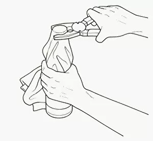 Images Dated 1st October 2009: Black and white illustration of holding bottle with tea towel and using pliers to unscrew lid