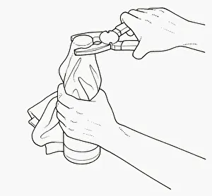 Stuck Prints: Black and white illustration of holding bottle with tea towel and using pliers to unscrew lid