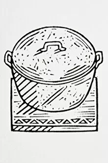 Black and white illustration of hot pot on a wooden board
