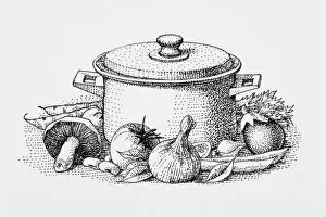 Surrounding Gallery: Black and white illustration of ingredients surrounding casserole dish
