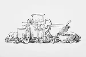 Freshness Prints: Black and white illustration of ingredients and utensils for making freshly squeezed fruit juice