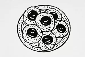 Black and white illustration of jam biscuits on plate