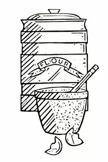 Pen And Ink Gallery: Black and white illustration of jar containing flour, mixing bowl and egg shells
