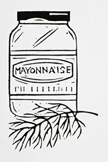 Images Dated 19th July 2007: Black and white illustration of jar of mayonnaise and herbs