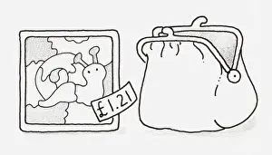 Purse Prints: Black and white illustration of a jigsaw puzzle of a snail with a price tag on it
